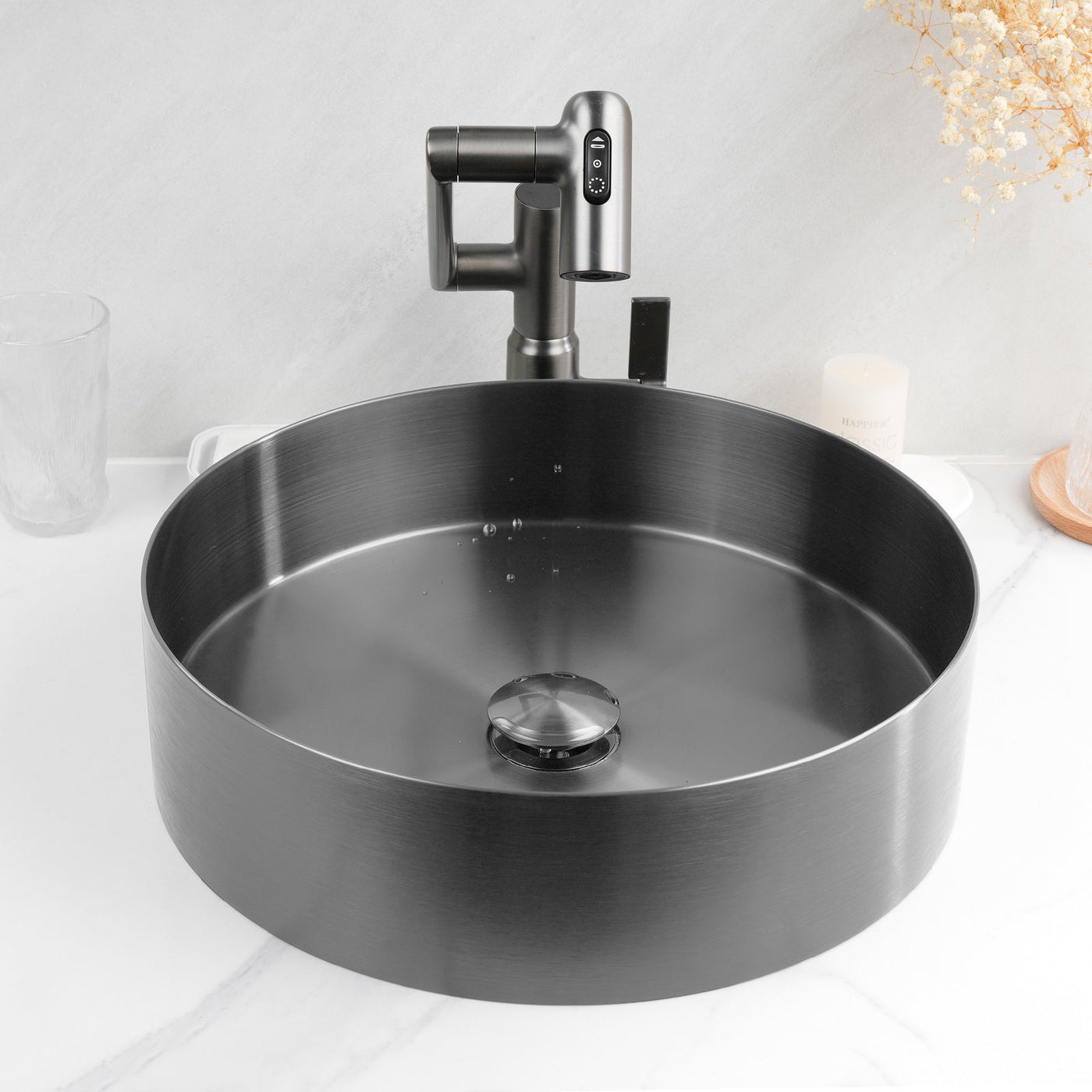 Metora Stainless Steel Round Countertop Bathroom Vessel Sink with Pop-Up Drain Stopper-BVS2401