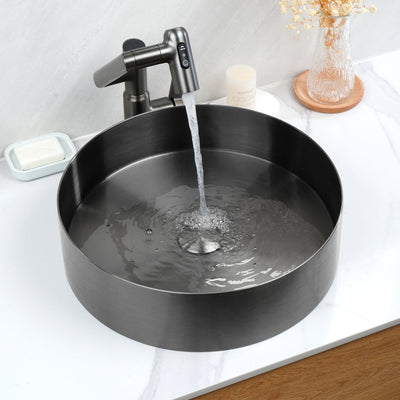 Metora Stainless Steel Round Countertop Bathroom Vessel Sink with Pop-Up Drain Stopper-BVS2401