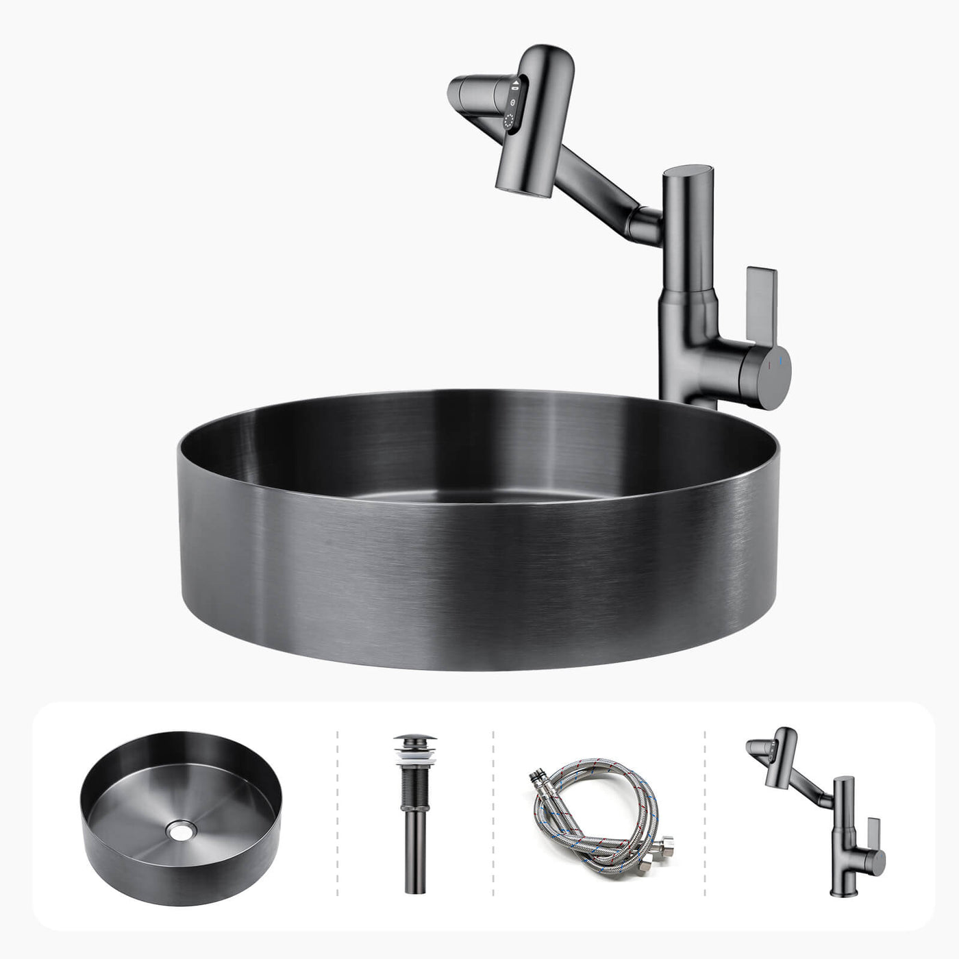 Metora Stainless Steel Round Countertop Bathroom Vessel Sink-BVS2401 with Single-Hole Rotatable Bathroom Faucet-BF2204