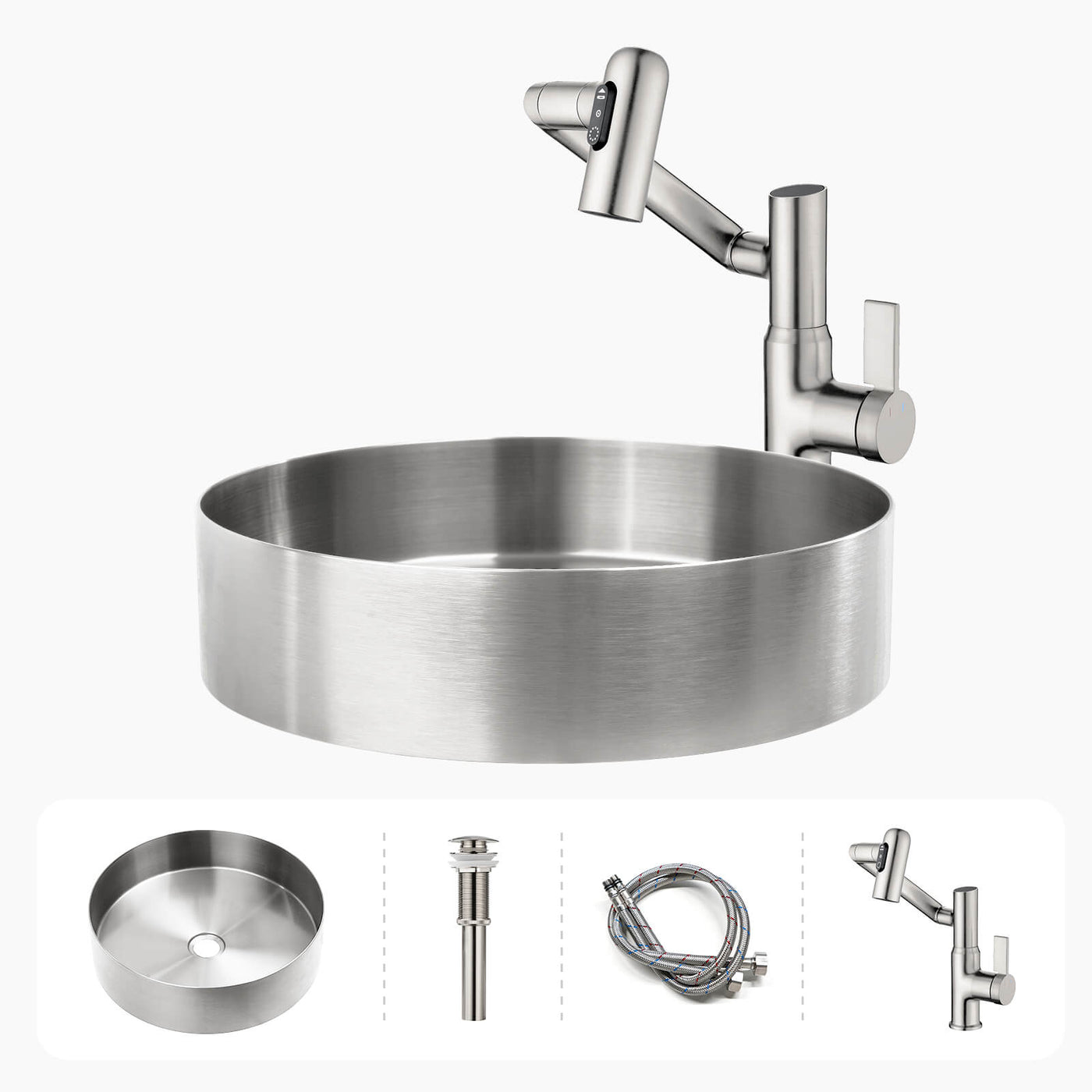Metora Stainless Steel Round Countertop Bathroom Vessel Sink-BVS2401 with Single-Hole Rotatable Bathroom Faucet-BF2204