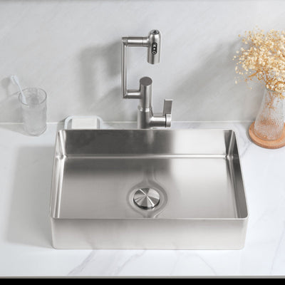 Metora Stainless Steel Rectangular Above Counter Bathroom Vessel Sink with Pop-Up Drain Stopper-BVS2402