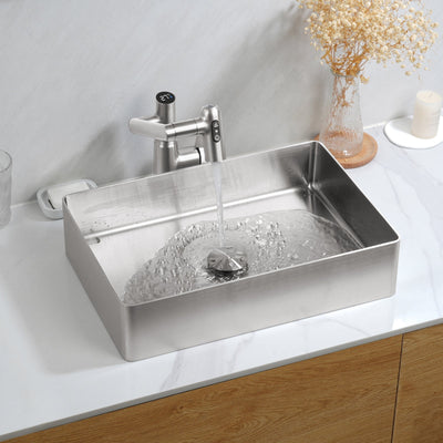 Metora Stainless Steel Rectangular Above Counter Bathroom Vessel Sink with Pop-Up Drain Stopper-BVS2402