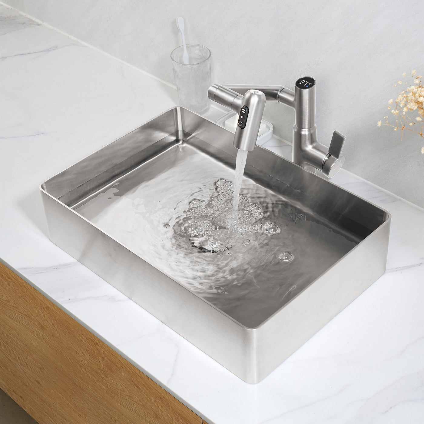 Metora Stainless Steel Rectangular Above Counter Bathroom Vessel Sink with Pop-Up Drain Stopper-BVS2402