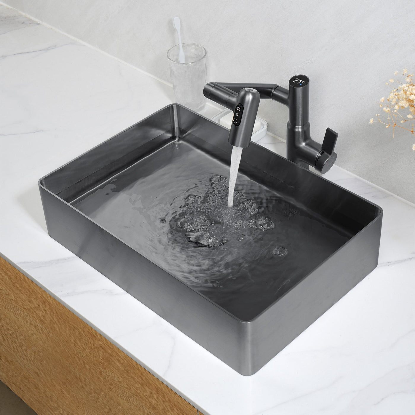 Metora Stainless Steel Rectangular Above Counter Bathroom Vessel Sink with Pop-Up Drain Stopper-BVS2402