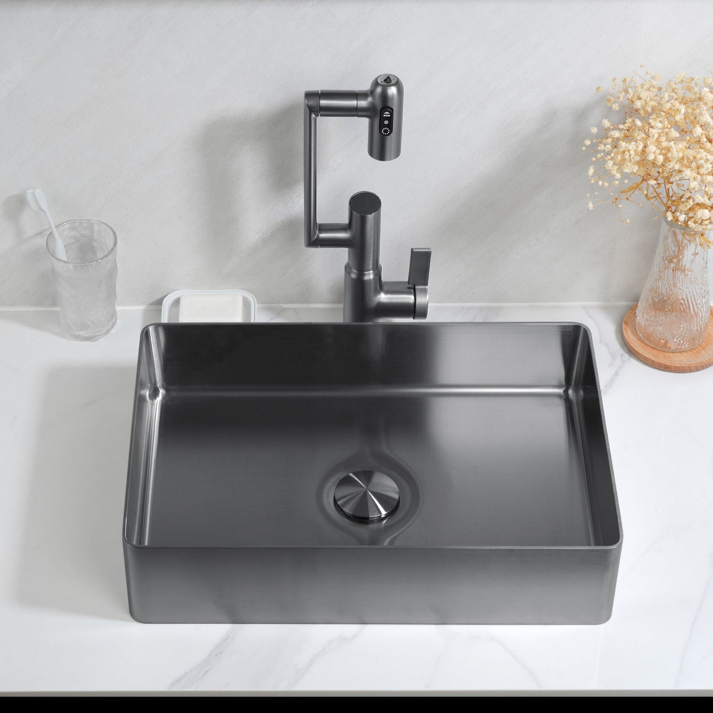 Metora Stainless Steel Rectangular Above Counter Bathroom Vessel Sink with Pop-Up Drain Stopper-BVS2402