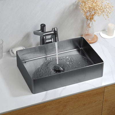 Metora Stainless Steel Rectangular Above Counter Bathroom Vessel Sink with Pop-Up Drain Stopper-BVS2402