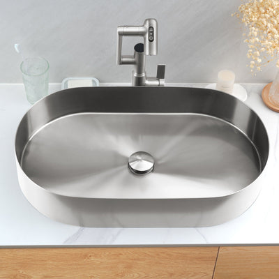Metora Modern Stainless Steel Oval Above Counter Bathroom Vessel Sink-BVS2403 with Single-Hole Rotatable Faucet-BF2204