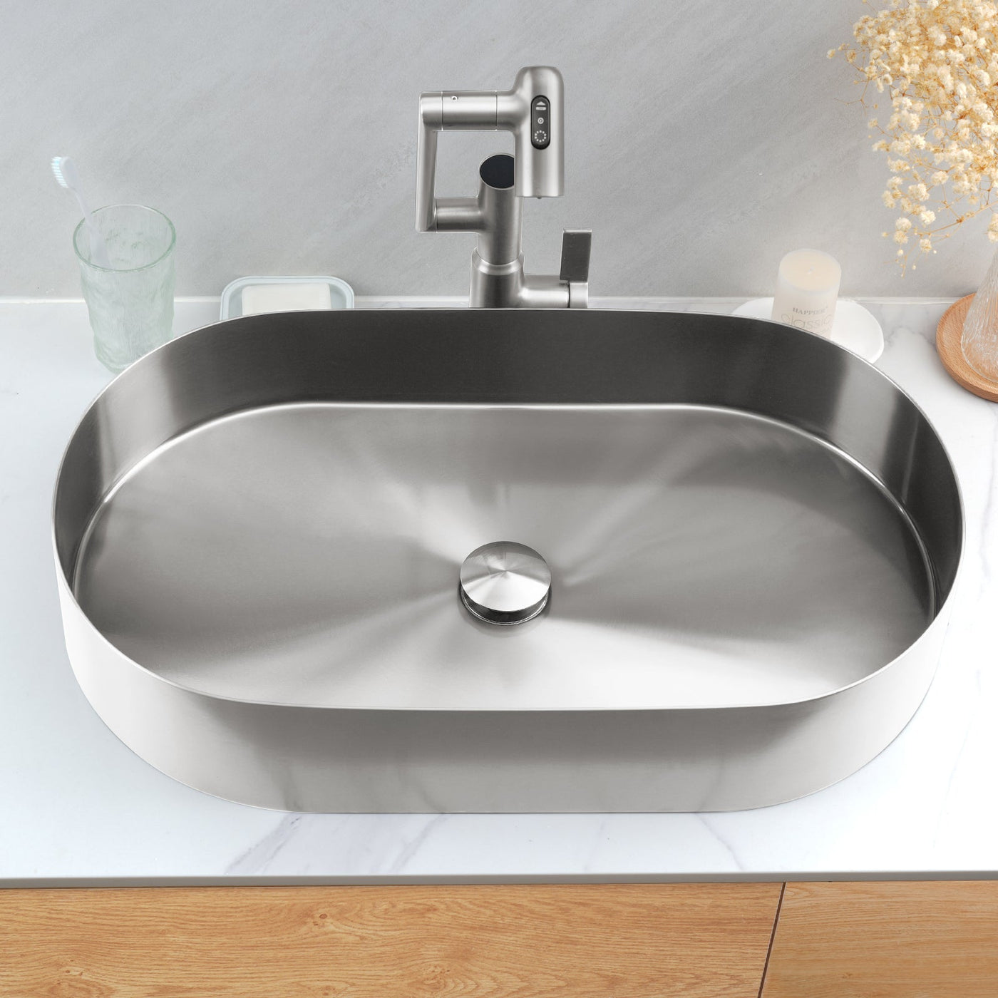 Metora Modern Stainless Steel Oval Above Counter Bathroom Vessel Sink with Pop-Up Drain Stopper-BVS2403