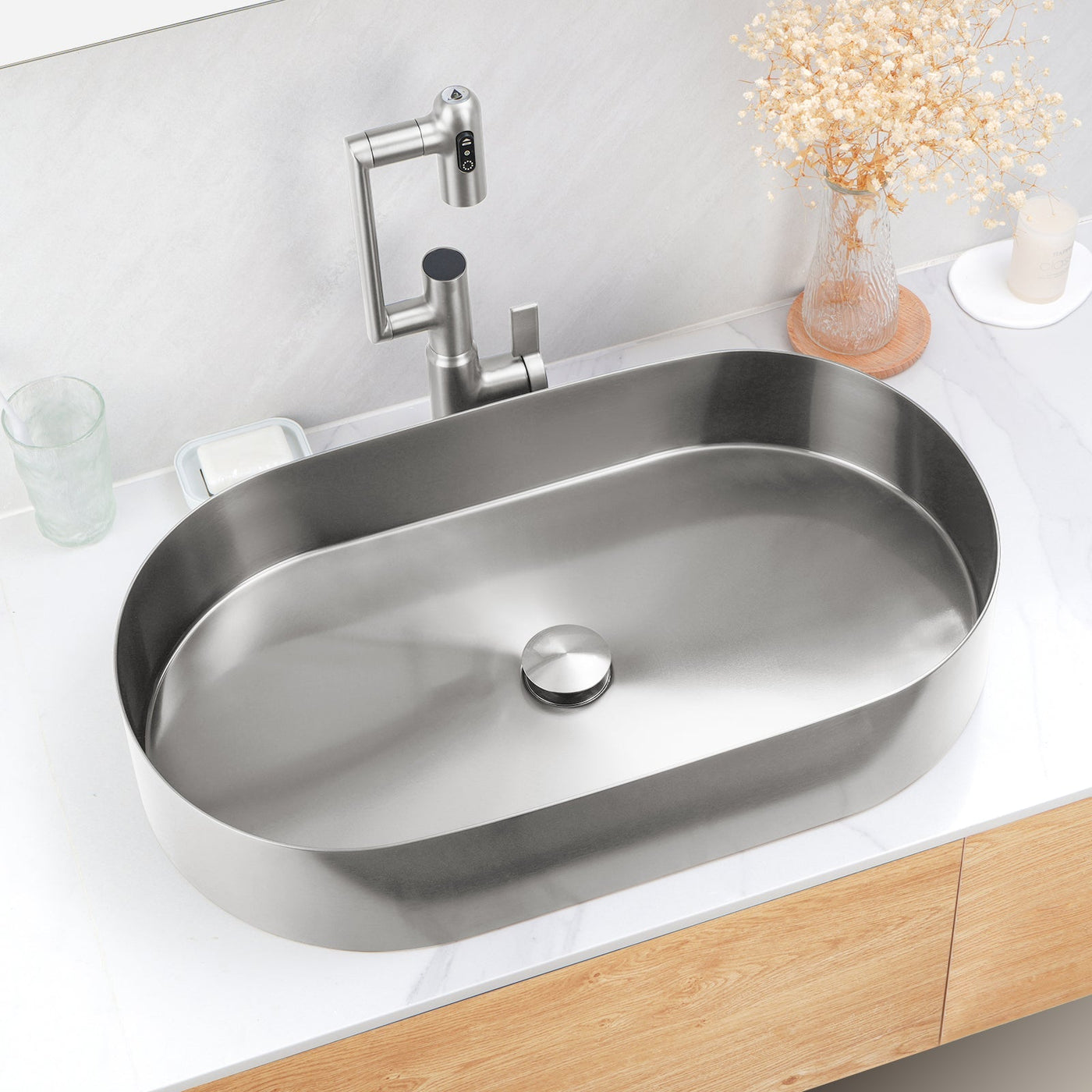 Metora Modern Stainless Steel Oval Above Counter Bathroom Vessel Sink-BVS2403 with Single-Hole Rotatable Faucet-BF2204