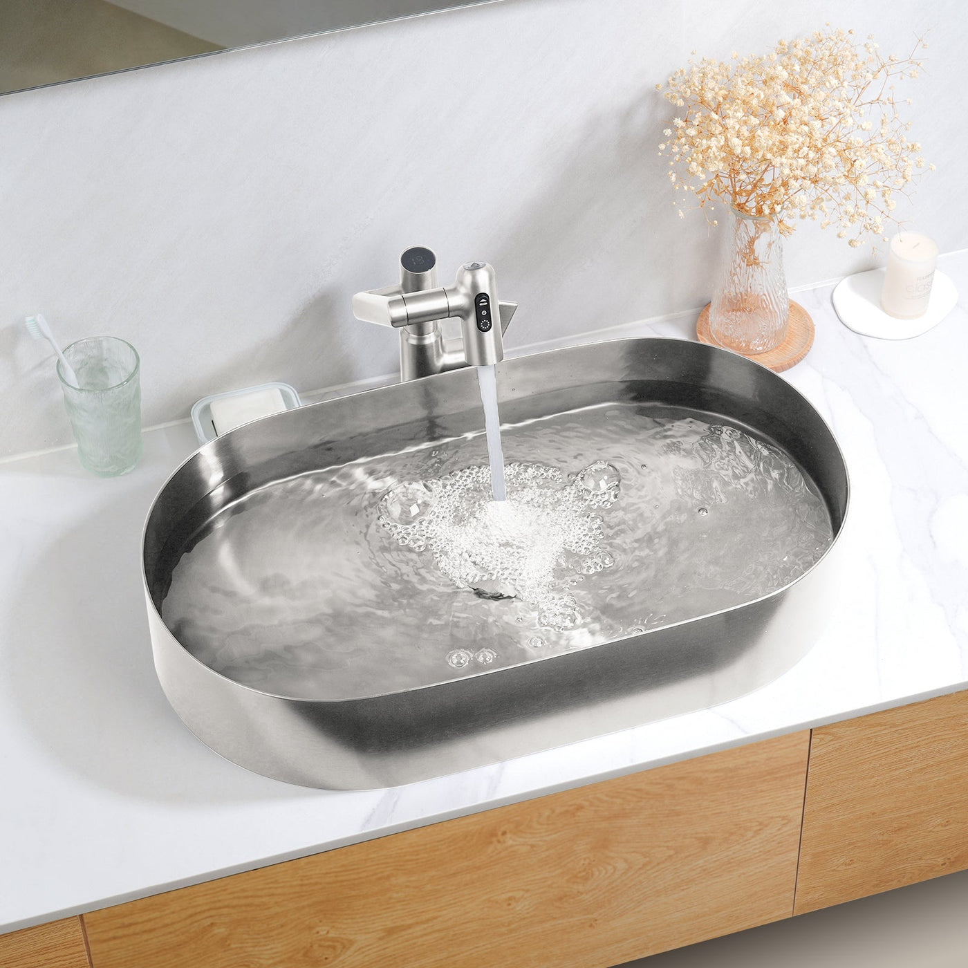 Metora Modern Stainless Steel Oval Above Counter Bathroom Vessel Sink-BVS2403 with Single-Hole Rotatable Faucet-BF2204