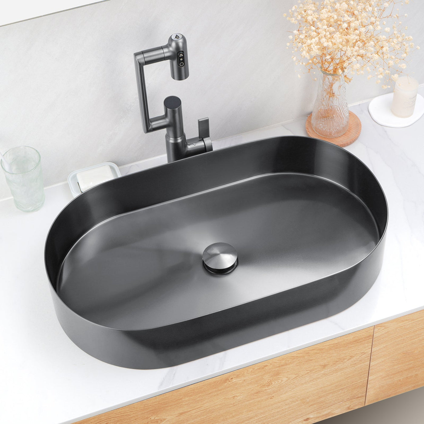 Metora Modern Stainless Steel Oval Above Counter Bathroom Vessel Sink-BVS2403 with Single-Hole Rotatable Faucet-BF2204