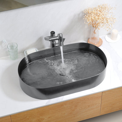 Metora Modern Stainless Steel Oval Above Counter Bathroom Vessel Sink-BVS2403 with Single-Hole Rotatable Faucet-BF2204