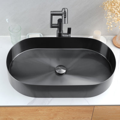Metora Modern Stainless Steel Oval Above Counter Bathroom Vessel Sink with Pop-Up Drain Stopper-BVS2403