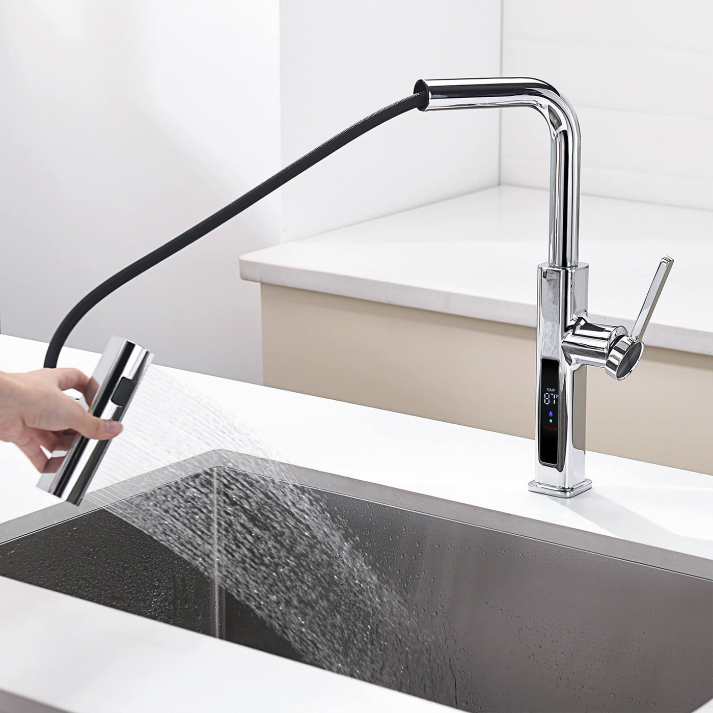 Metora Waterfall & Pull-Out Kitchen Faucet with Temperature Display-KF2209
