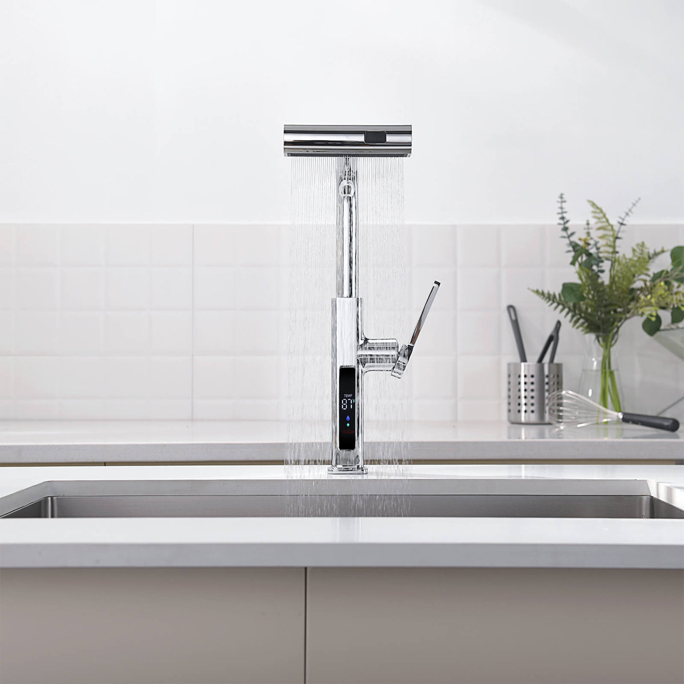 Metora Waterfall & Pull-Out Kitchen Faucet with Temperature Display-KF2209