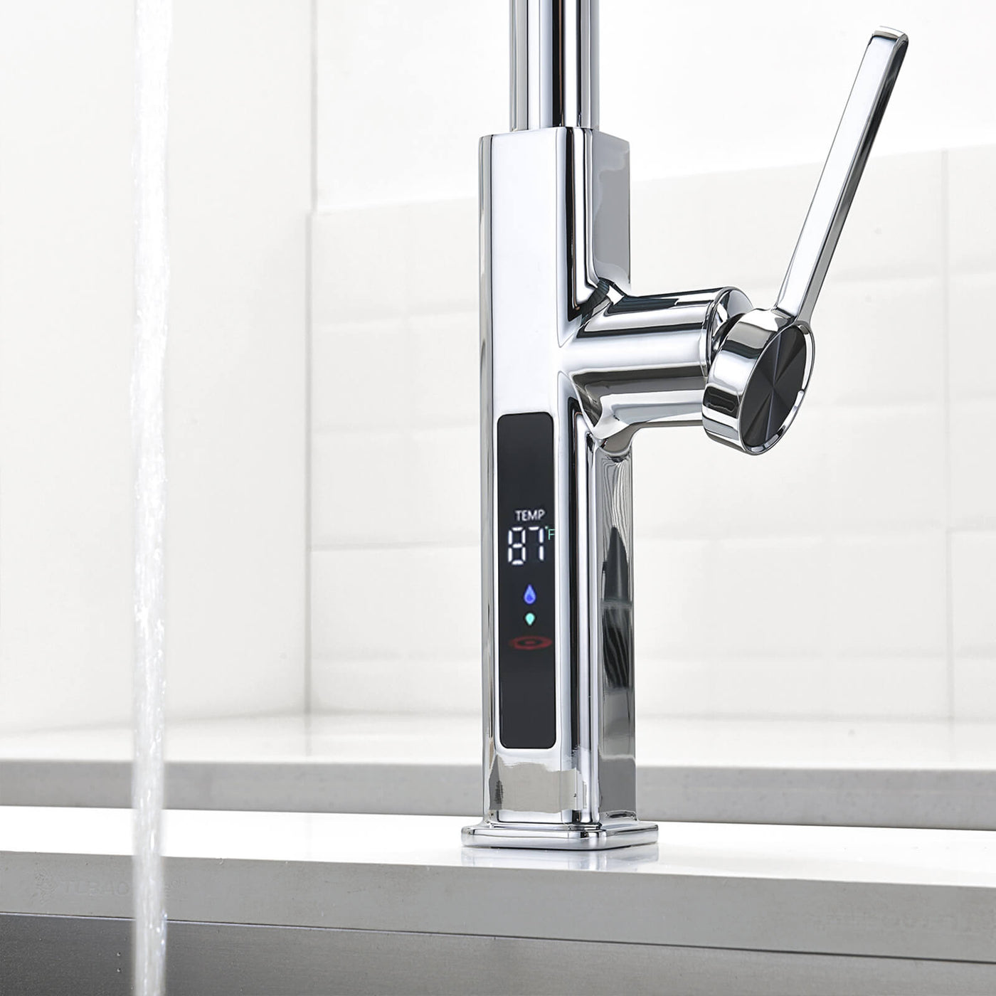 Metora Waterfall & Pull-Out Kitchen Faucet with Temperature Display-KF2209 with Countertop Glass Rinser-KFR2201