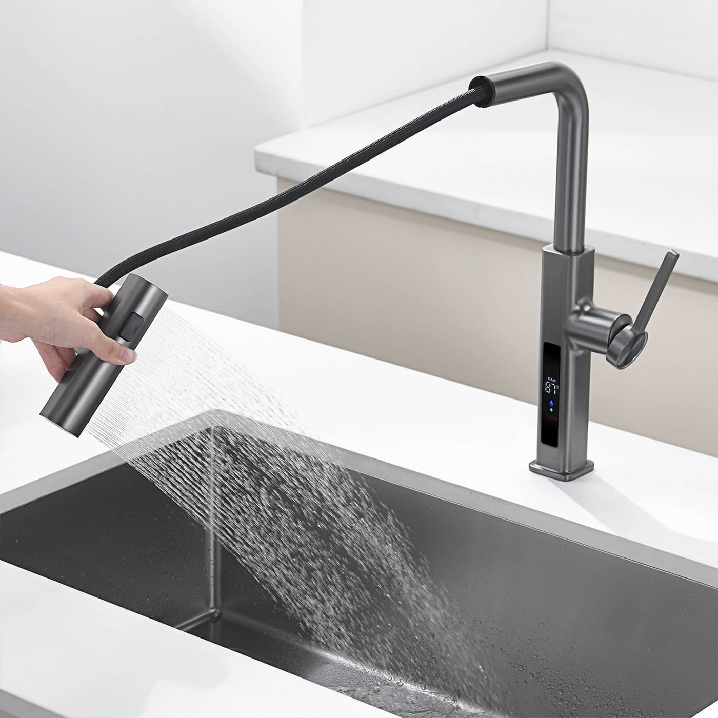 Metora Waterfall & Pull-Out Kitchen Faucet with Temperature Display-KF2209