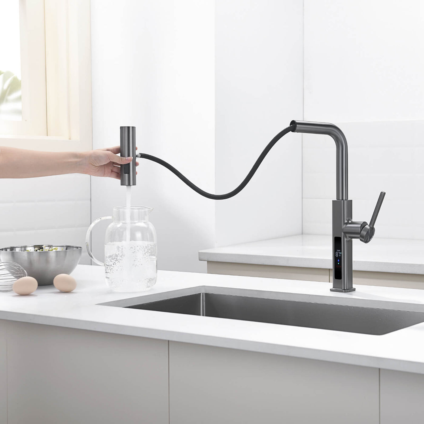 Metora Waterfall & Pull-Out Kitchen Faucet with Temperature Display-KF2209 with Countertop Glass Rinser-KFR2201