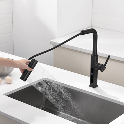 Metora Waterfall & Pull-Out Kitchen Faucet with Temperature Display-KF2209 with Countertop Glass Rinser-KFR2201