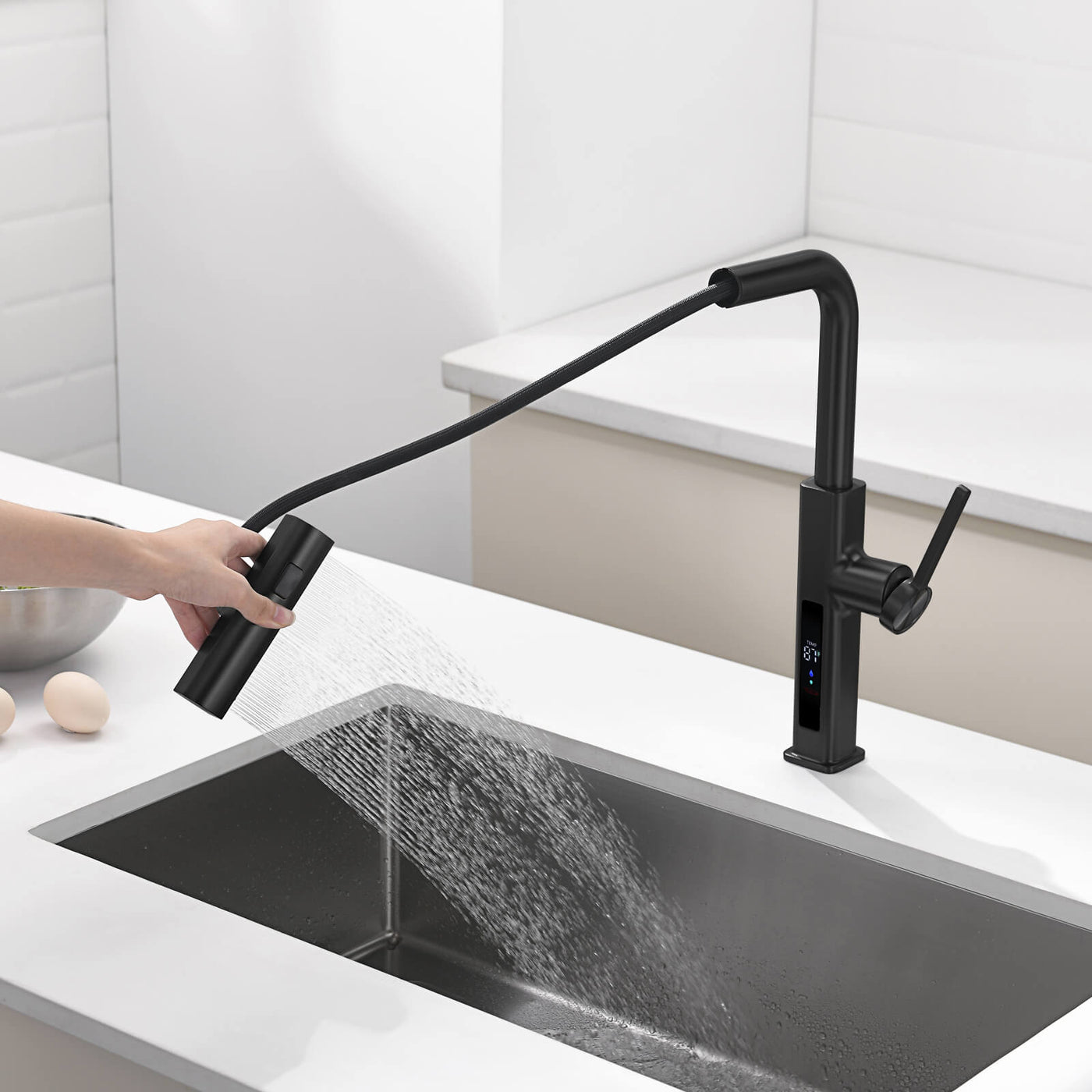 Metora Waterfall & Pull-Out Kitchen Faucet with Temperature Display-KF2209