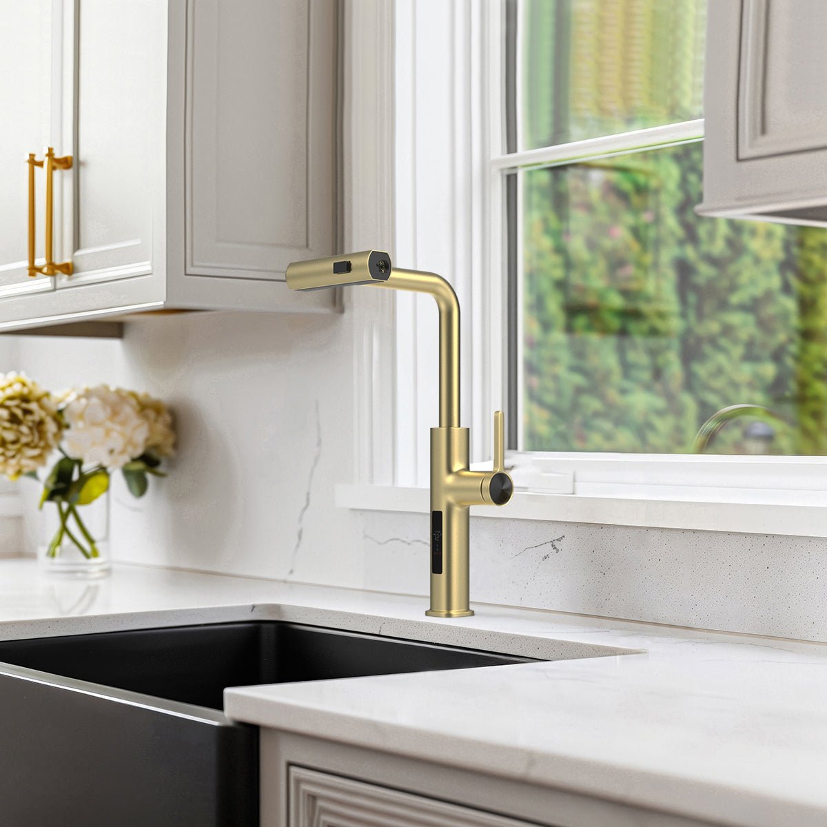 Metora Waterfall & Pull-Out Kitchen Faucet with Temperature Display-KF2209 with Countertop Glass Rinser-KFR2201