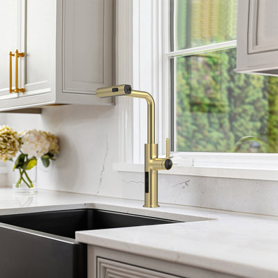 Metora Waterfall & Pull-Out Kitchen Faucet with Temperature Display-KF2209 with Countertop Glass Rinser-KFR2201