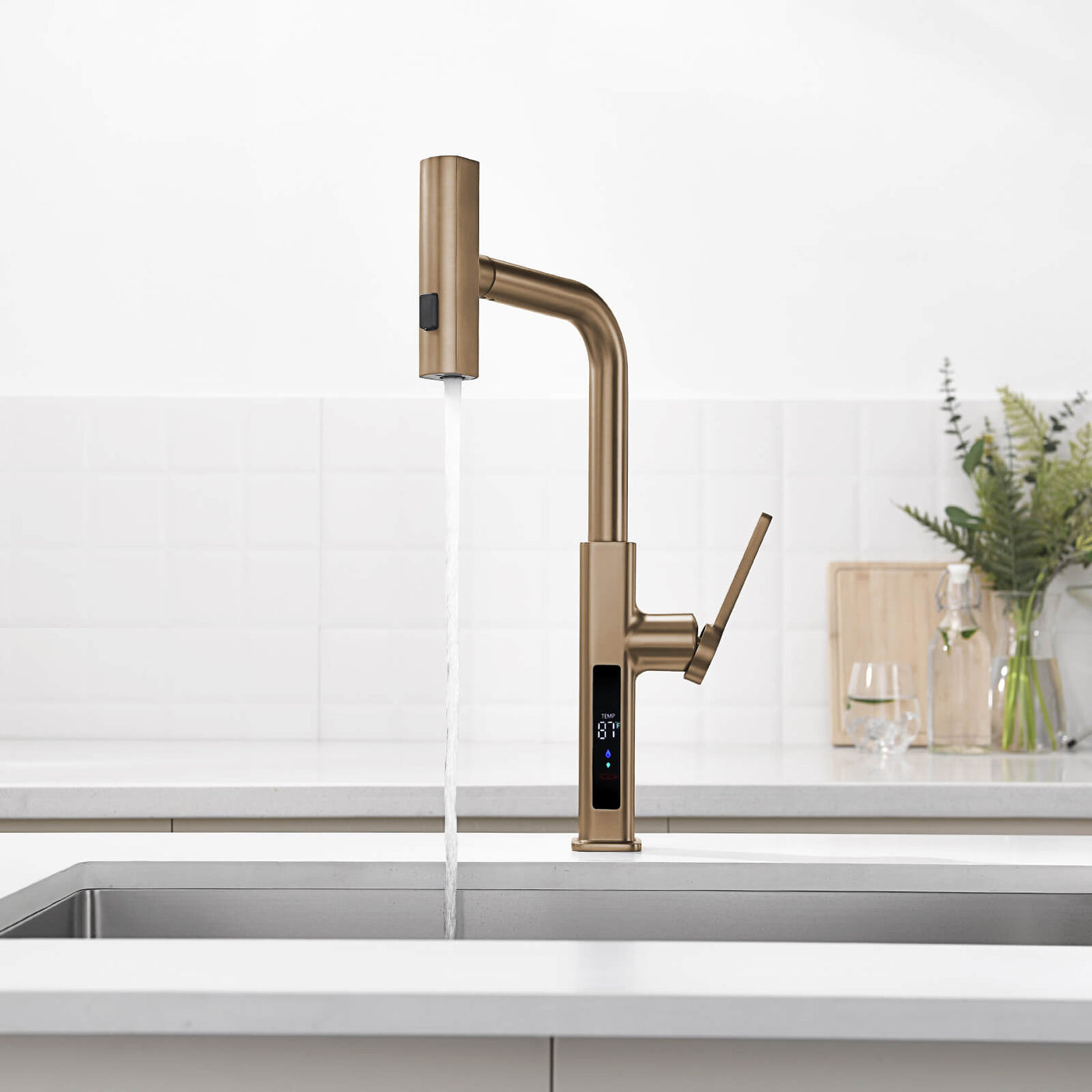 Metora Waterfall & Pull-Out Kitchen Faucet with Temperature Display-KF2209 with Countertop Glass Rinser-KFR2201