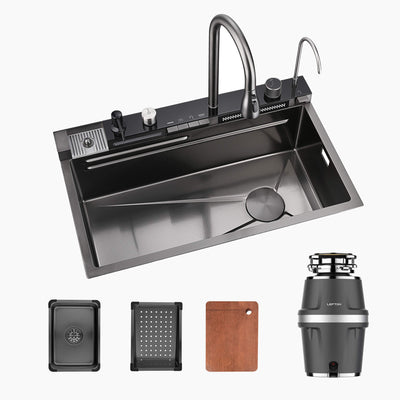 Metora Two Waterfall Faucets Kitchen Sink with Digital Temperature Display-KS2206 with 3/4 HP Garbage Disposal LGD-714