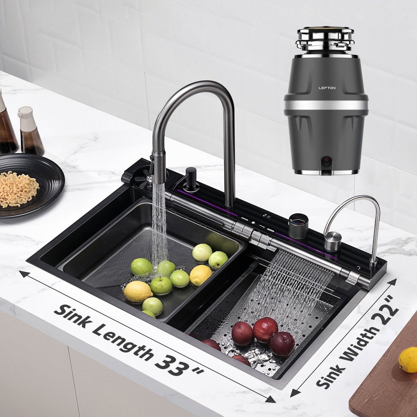 Metora 33x22 Inch Stainless Steel Kitchen Sink with Digital Temperature Display-KS2207L with 3/4 HP Garbage Disposal LGD-714