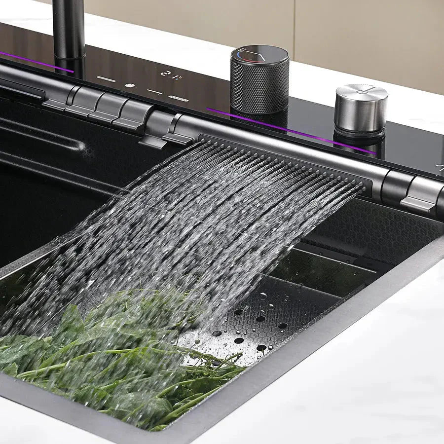 Metora 33x22 Inch Waterfall Faucet Kitchen Sink with Digital Temperature Display & LED Lighting-KS2207L