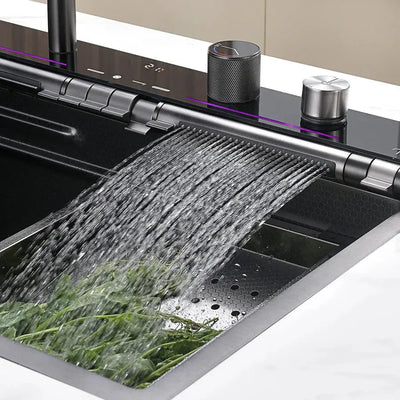 Metora 33x22 Inch Waterfall Faucet Kitchen Sink with Digital Temperature Display & LED Lighting-KS2207L