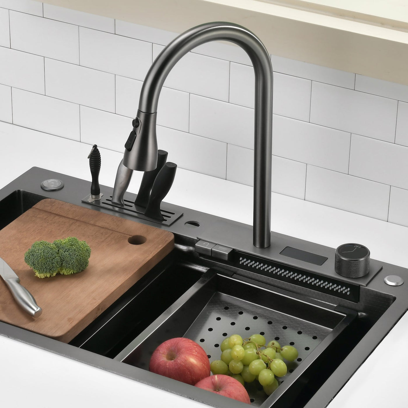 Metora Waterfall Workstation Kitchen Sink Set With Digital Temperature Display & Knife Holder-KS2204