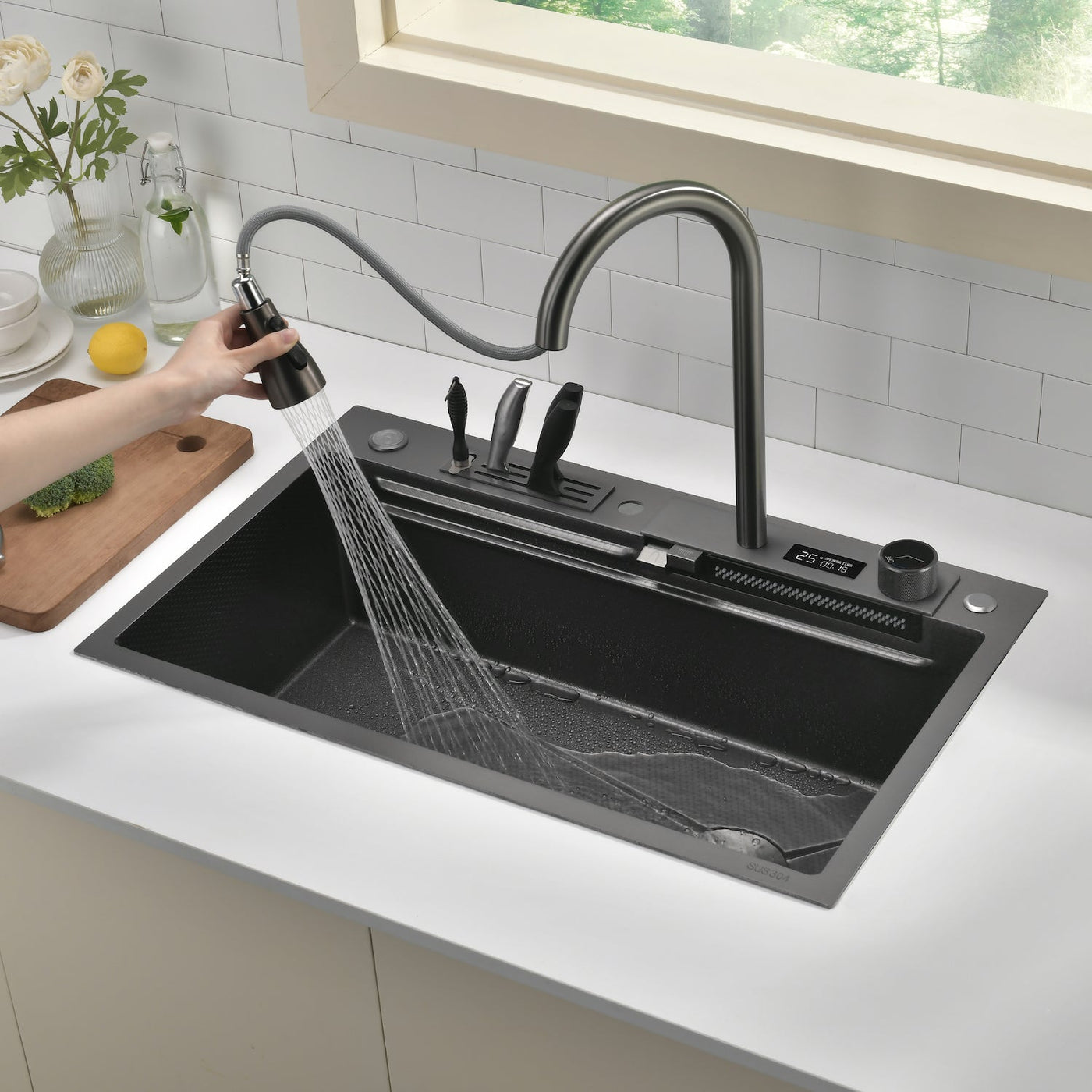 Metora Waterfall Workstation Kitchen Sink Set With Digital Temperature Display & Knife Holder-KS2204