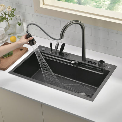 Metora Waterfall Workstation Kitchen Sink Set With Digital Temperature Display & Knife Holder-KS2204