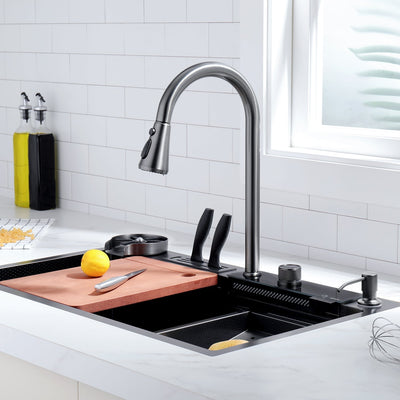 Recertified-Waterfall Workstation Kitchen Sink Set Digital Temperature Display & LED Lighting-KS2205-EU