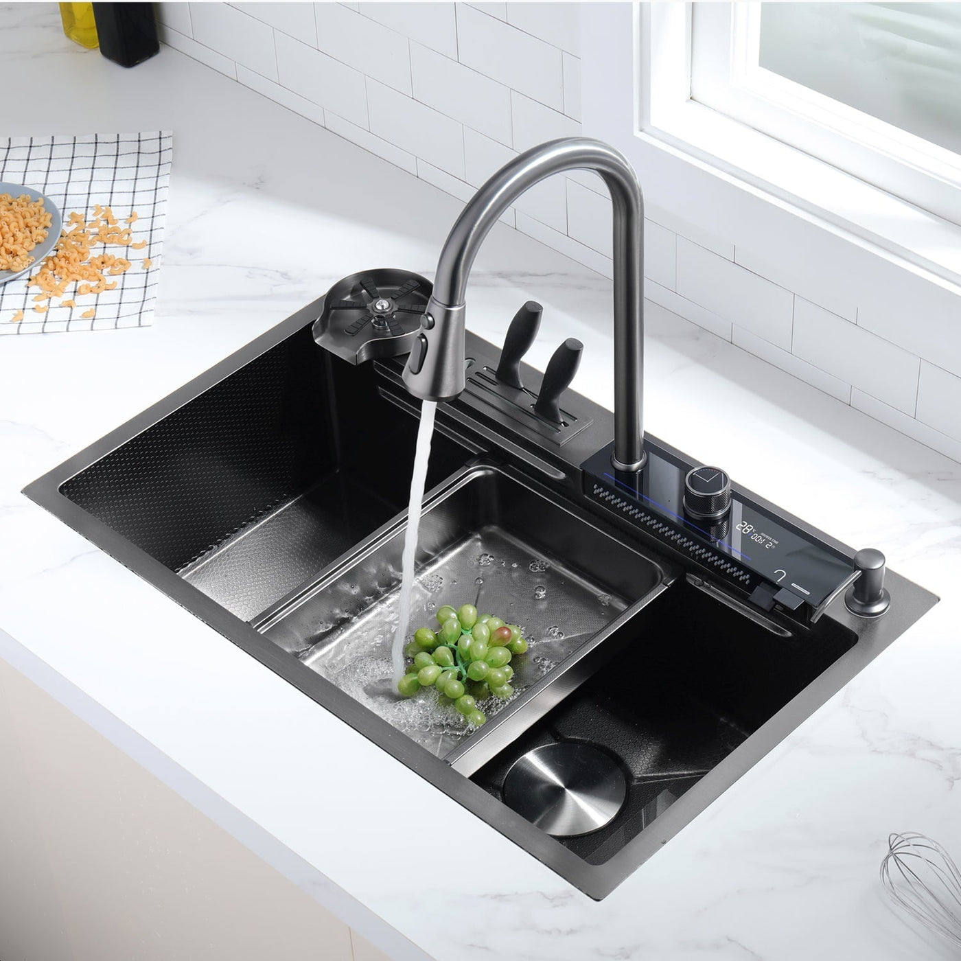 Recertified-Waterfall Workstation Kitchen Sink Set Digital Temperature Display & LED Lighting-KS2205-EU
