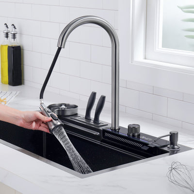 Metora Waterfall Workstation Kitchen Sink Set Digital Temperature Display & LED Lighting-KS2205