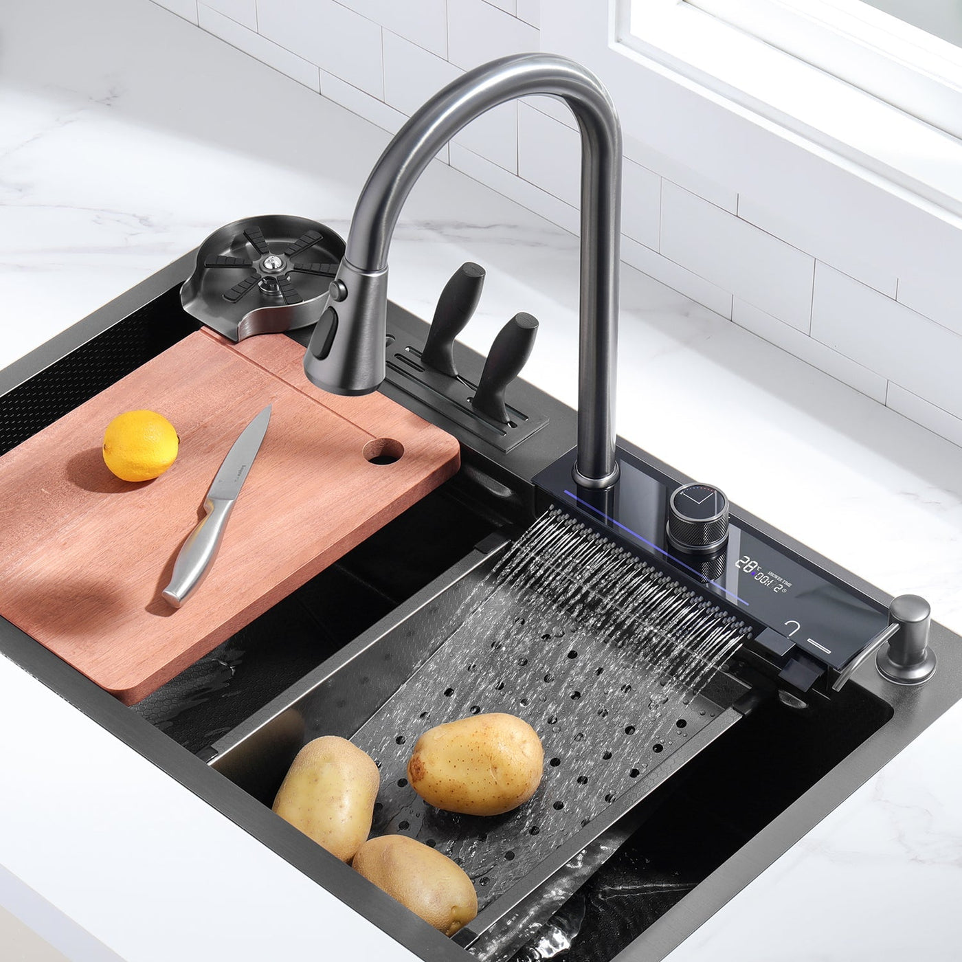 Recertified-Waterfall Workstation Kitchen Sink Set Digital Temperature Display & LED Lighting-KS2205-EU