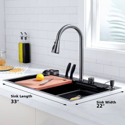 Metora 33x22 Inch Waterfall Workstation Kitchen Sink Set Digital Temperature Display & LED Lighting-KS2205L