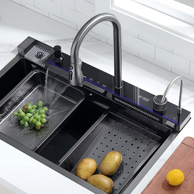 Recertified-Two Waterfall Faucets Kitchen Sink with Digital Temperature Display & LED Lighting-KS2206-EU