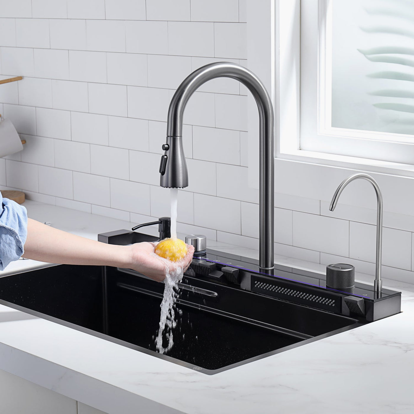 Recertified-Two Waterfall Faucets Kitchen Sink with Digital Temperature Display & LED Lighting-KS2206-EU