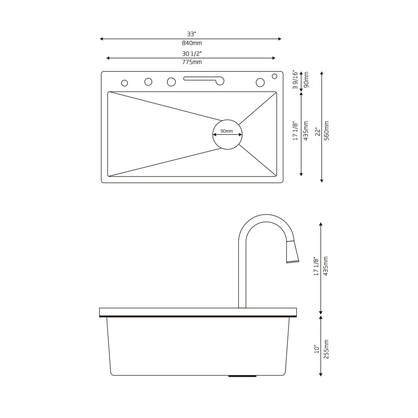 Metora 33x22 Inch Stainless Steel Single Bowl Large Kitchen Sink-KS2206L with 1 HP Garbage Disposal LGD-1010