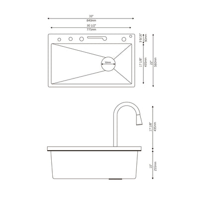 Metora 33x22 Inch Stainless Steel Single Bowl Large Kitchen Sink-KS2206L with 1 HP Garbage Disposal LGD-1010