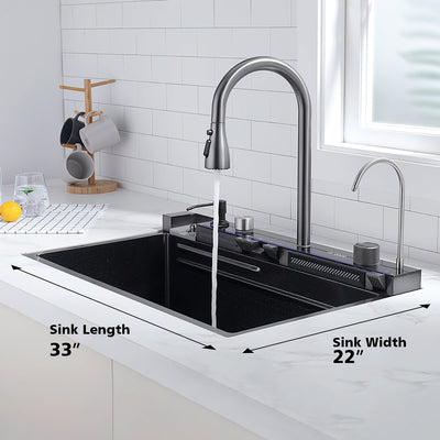 Metora 33x22 Inch Stainless Steel Single Bowl Large Kitchen Sink with Digital Temperature Display & LED Lighting-KS2206L