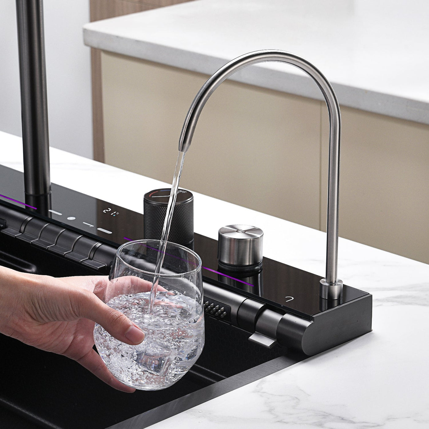 Metora Adjustable Waterfall Faucet Kitchen Sink with Digital Temperature Display & LED Lighting-KS2207
