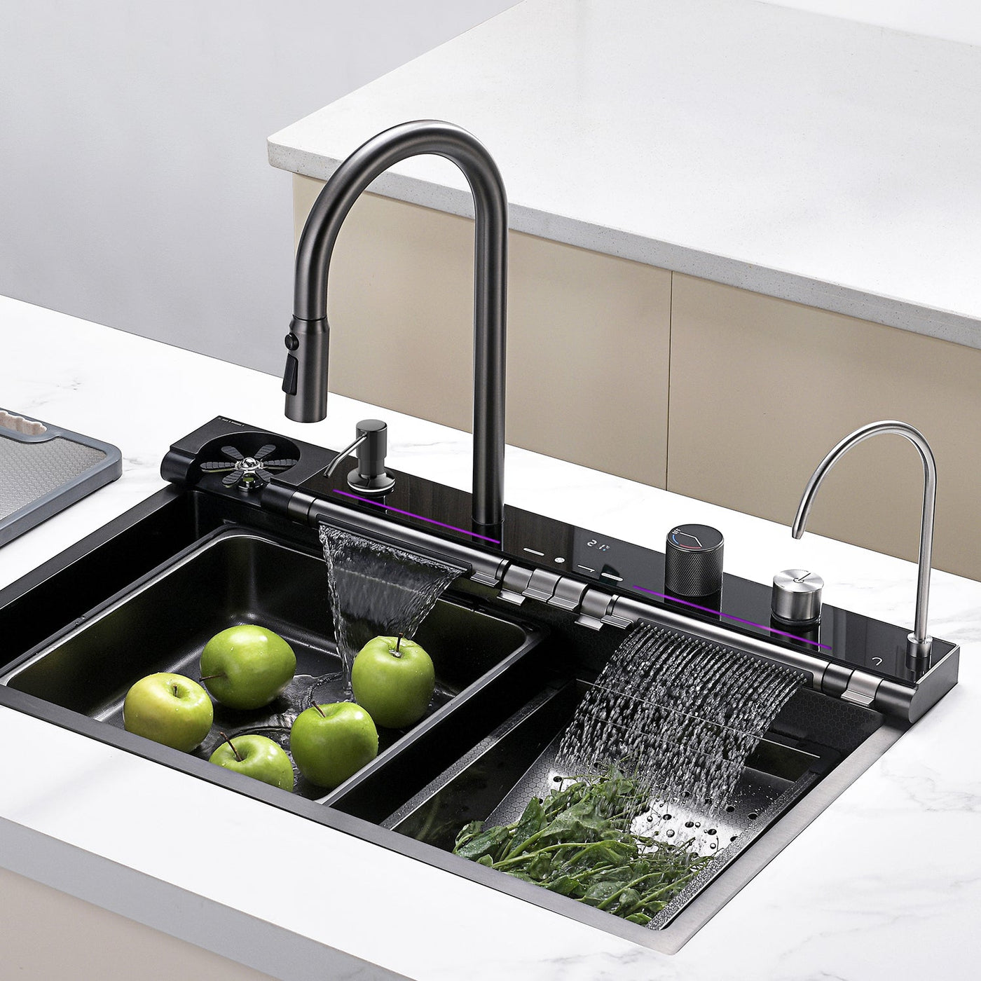 Metora Waterfall Faucet Kitchen Sink- KS2207 with 3/4 HP Garbage Disposal LGD-714
