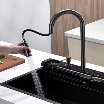 Metora 33x22 Inch Waterfall Faucet Kitchen Sink with Digital Temperature Display & LED Lighting-KS2207L