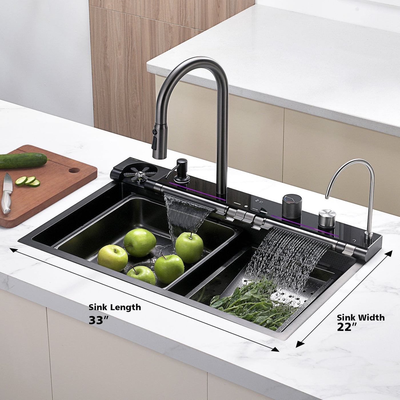 Metora 33x22 Inch Waterfall Faucet Kitchen Sink with Digital Temperature Display & LED Lighting-KS2207L