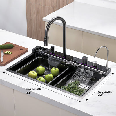 Metora 33x22 Inch Waterfall Faucet Kitchen Sink with Digital Temperature Display & LED Lighting-KS2207L