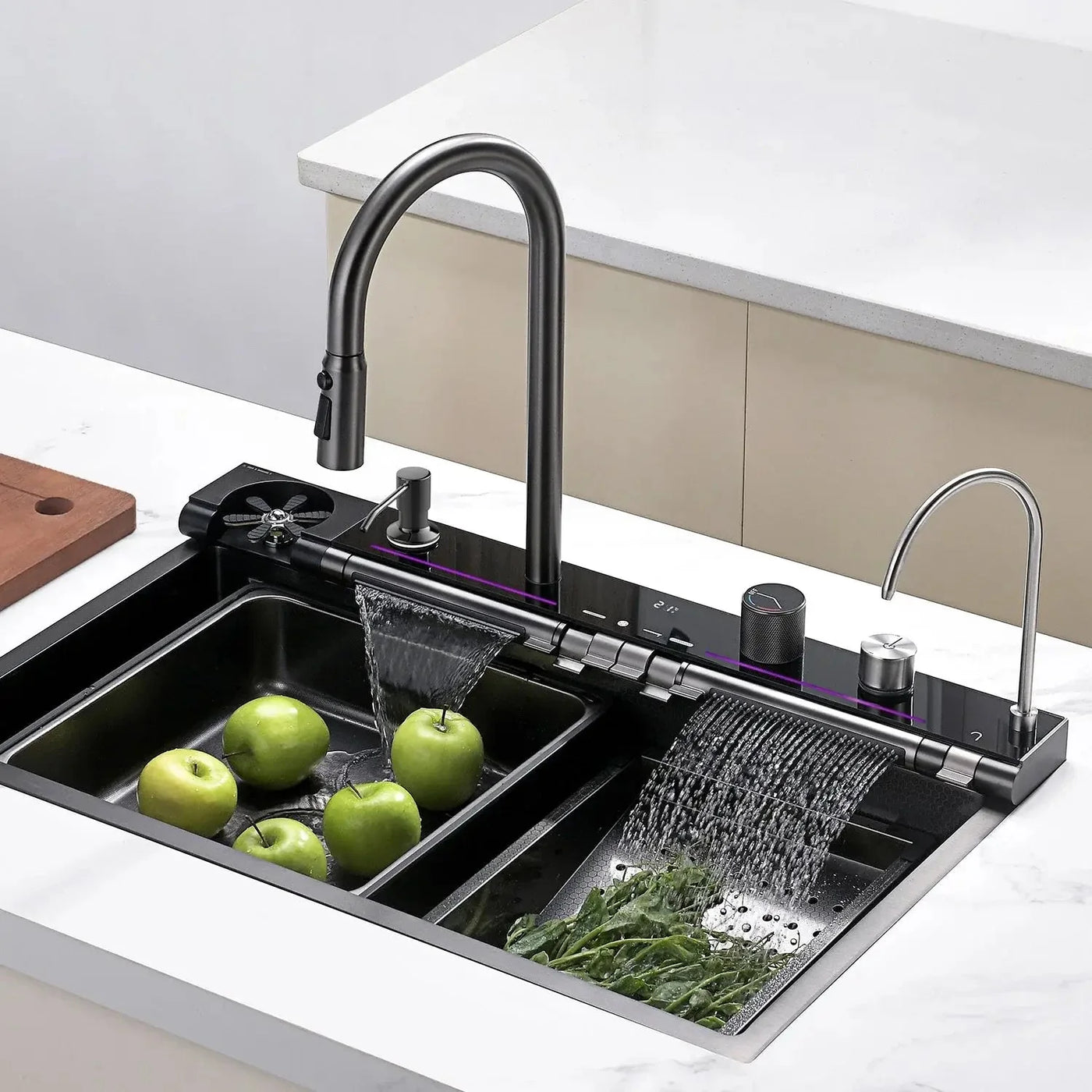 Metora 33x22 Inch Waterfall Faucet Kitchen Sink with Digital Temperature Display & LED Lighting-KS2207L